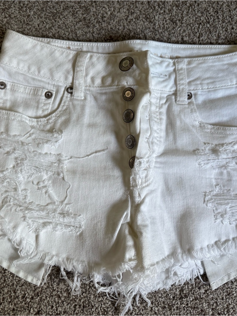 American Eagle Outfitters White Distressed High-Rise Button-Fly Denim Shorts